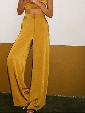 LE RUMI Chic Mustard Yellow Gold Wide-Leg Trousers Classy Women’s Pants